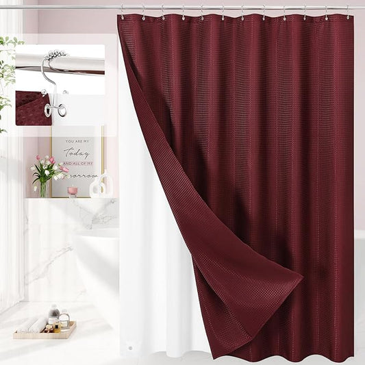 3 in 1 Long Burgundy Shower Curtain Set-72 W x 78 H, Modern Waffle and PEVA Liner Set with 12 Stainless Steel Hooks, Waterproof Fabric for Bathroom