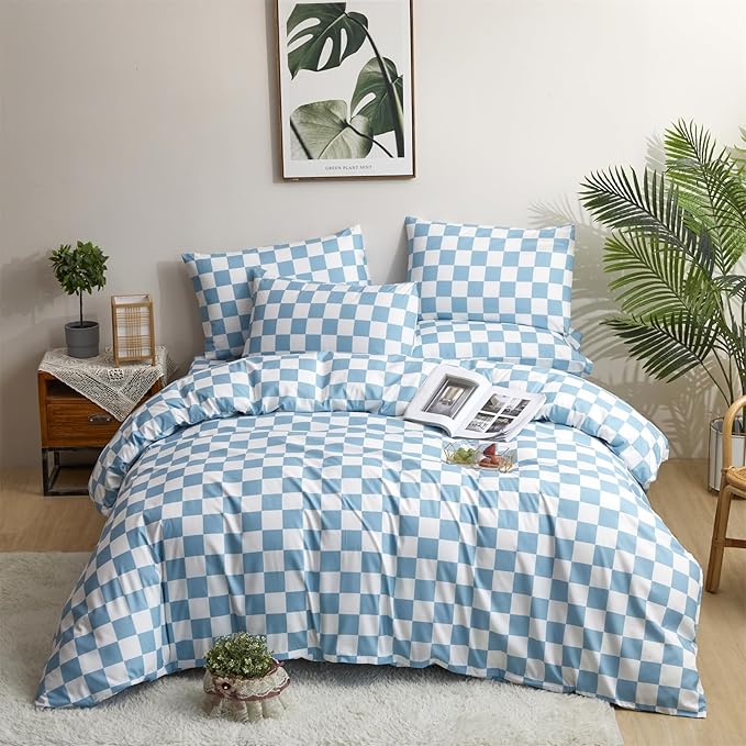 CLOTHKNOW Blue White Plaid Full Size Comforter Sets 3Pcs Grid Bedding Comforter Sets All Season Soft Checker Comforter with 2 x Pillow Cases