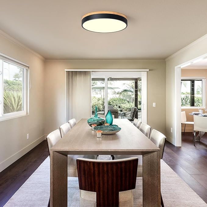 Dimmable Wood LED Flush Mount Ceiling Light, 5CCT 2700K-6000K Modern Black Close to Ceiling Lighting Fixtures, Minimalist Round Ceiling Lamp for Living Room, Bedroom, Laundry Room