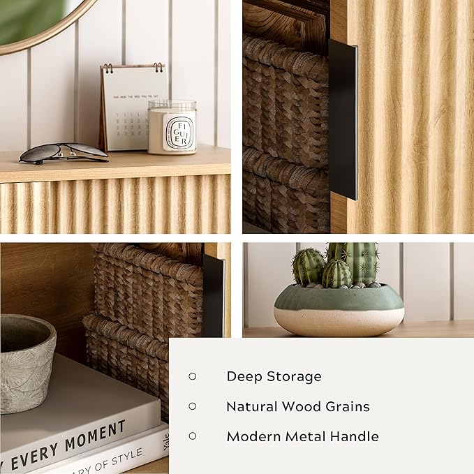 Fluted Floating TV Stand, 30" Multi-Purpose Modern TV Display Shelf Console Entertainment Center Cabinet with Sliding Doors for Bedroom Living Room Entryway, Natural Oak