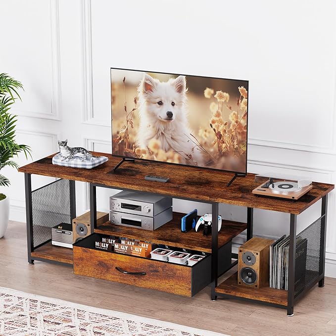 TV Stand with Drawers and Open Storage Shelves for 65 60 55 Inch TV, Entertainment Center with Open Storage Shelves, Industrial Media TV Console Table for Living Room Bedroom Office, Rustic Brown
