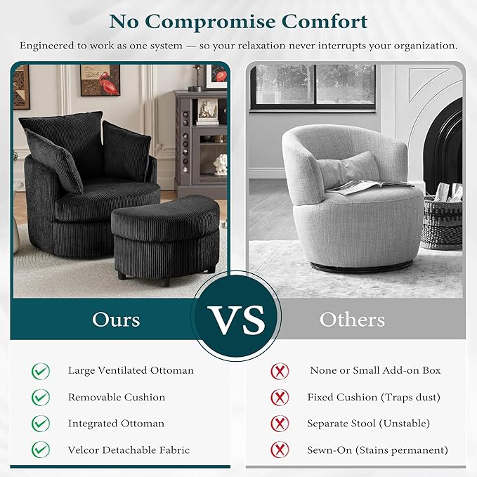 Swivel Accent Chair with Ottoman Comfy Reading Chairs for Bedroom Modern Corduroy Arm Chair 360°Swivel Barrel Chairs for Living Room,Apartment (Black, 2)