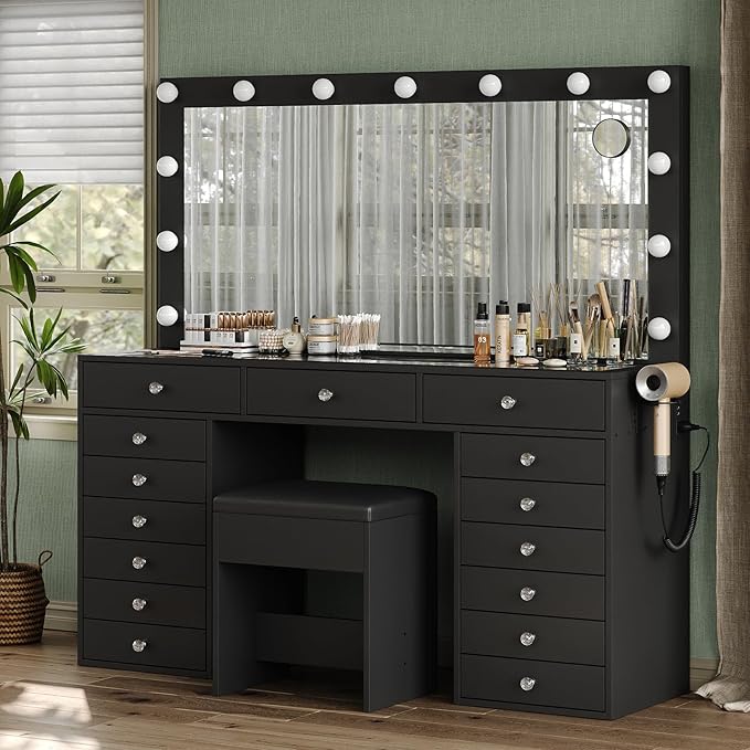 55" W Vanity Desk, Makeup Vanity with Charging Station, 15 Drawers with Lighted Mirror, 3 Lighting Modes, Brightness Adjustable, Glass Top, Vanity Table with Chair for Bedroom, Black