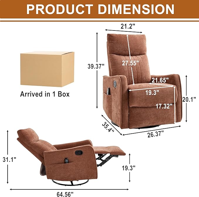 Manual Swivel Rocker Recliner Chair for Adults, Overstuffed Recliner Glider with Massage and Heat, Living Room Reclining Chair, Fabric Orange