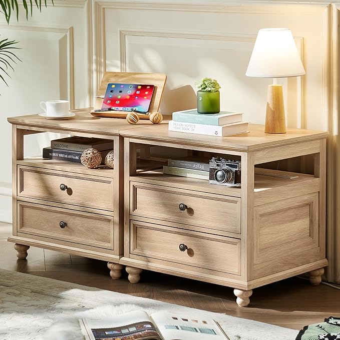 Farmhouse Nightstand Set of 2 with Charging Station, 24" Wide End Table with 2 Drawers,Natural Dresser for Bedroom,Bed Side Table Chest of Drawers Cabinet, Night Stand for Living Room