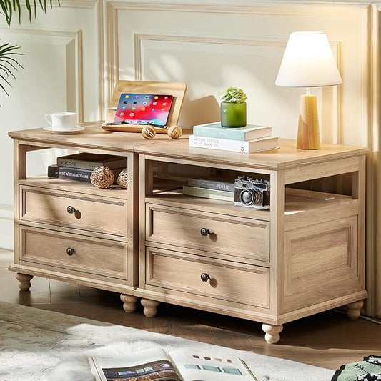 Farmhouse Nightstand Set of 2 with Charging Station, 24" Wide End Table with 2 Drawers,Natural Dresser for Bedroom,Bed Side Table Chest of Drawers Cabinet, Night Stand for Living Room