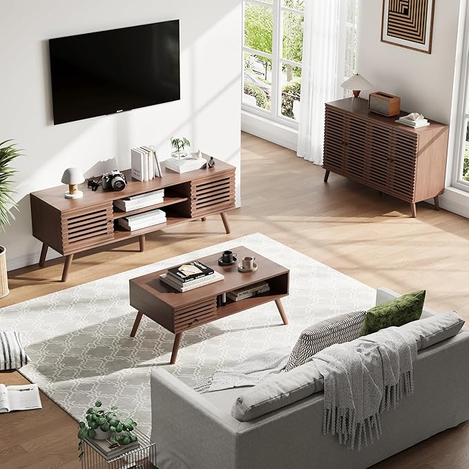 61" Mid Century Modern TV Stand for 50/55/60/70 inch TV, TV Media Console with Slatted Doors for TVs up to 70", Entertainment Center with Storage for Living Room, Bedroom, Walnut