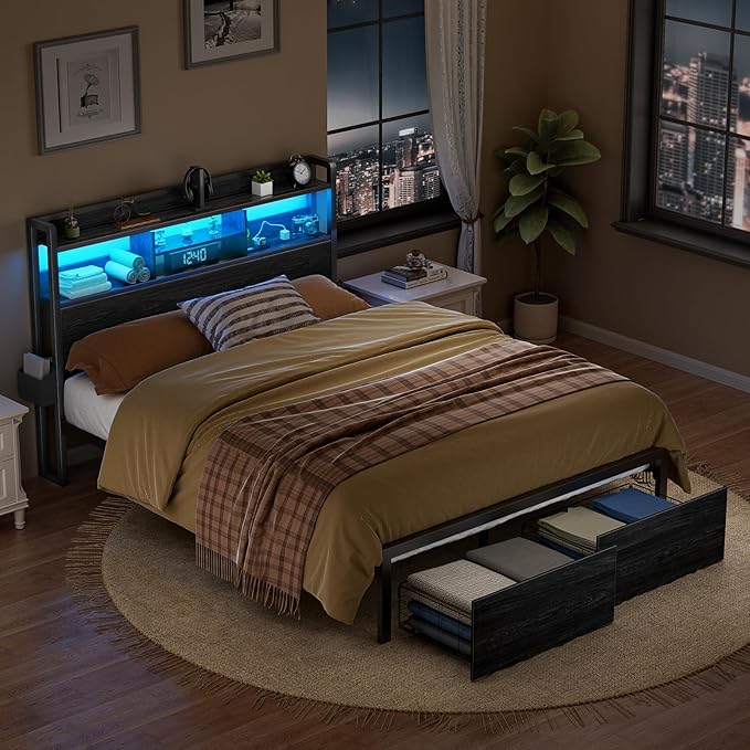 Furnulem Full Size Bed Frame with Wood Headboard, Metal Platform Bed Frame Full Size with 2 Storage Drawers and Shelf, LED Lights and Charging Station, No Box Spring Needed, Noise Free, Black