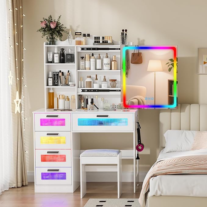 LED Vanity with Sliding Mirror, Smart Makeup Table with 5 Drawers 6 Shelves, Make Up Vanity Desk with Charging Station 14 Color Lighting Modes, Cushioned Stool, USB Type-C for Bedroom White