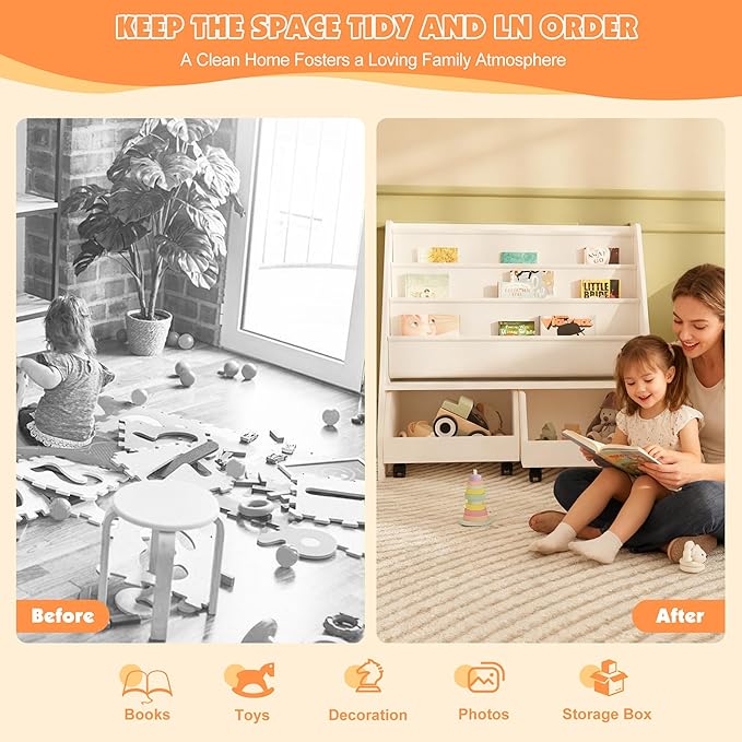 NACHES Kids Bookshelf,Toddler Bookcase Toy Bin with 2 Drawers 3 Sling Pockets –Children Bookshelf with Storage for Bedroom,Nursery or Playroom FSC Wood,Trapezoid 35" W, White (2 Movable Drawer)