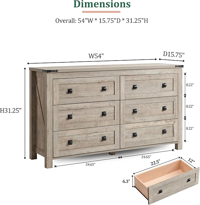 RedLemon Farmhouse 6 Drawer Dresser for Bedroom, 54 Inch Wide Rustic Wood Dresser TV Stand, Dresser Chest of Drawers for Closet, Living Room, Hallway, Light Rustic Oak