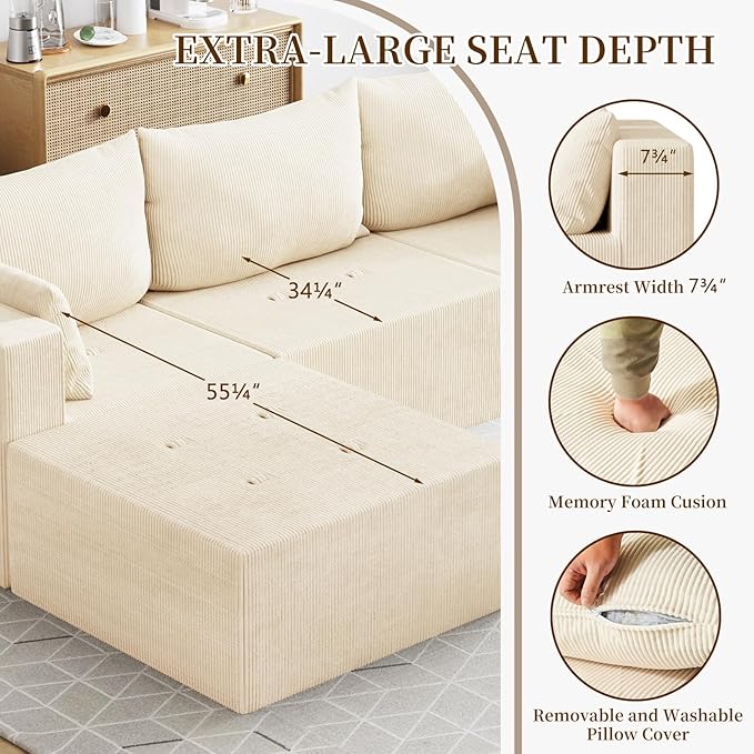 105" Cloud Sectional Sofa, L-Shape Sectional Couch, Modern Corduroy Sofa with Chaise Lounge, No-Assembly Required, Deep Seat Modular Cloud Couch for Living Room, Apartment, Beige