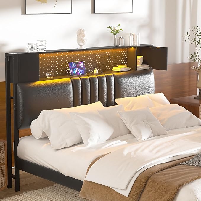 Unikito Headboard for Twin Size Bed with Storage and Cabinet, Black Upholstered Headboards with Outlets, USB Ports, and DIY Color of LED Light, Twin Head Board Only, Comfortable Headboard, Black