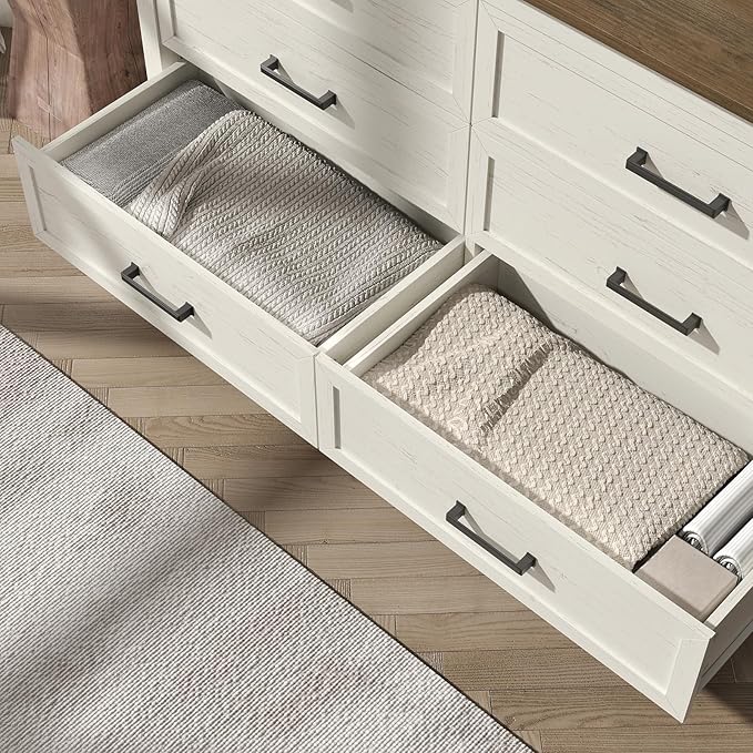 Farmhouse 6 Drawers Dresser for Bedroom, Modern Dresser with Metal Handle, Natural Texture, Wood Rustic Chest of Drawers for Bedroom, Living Room, Hallway and Entryway, Antique White