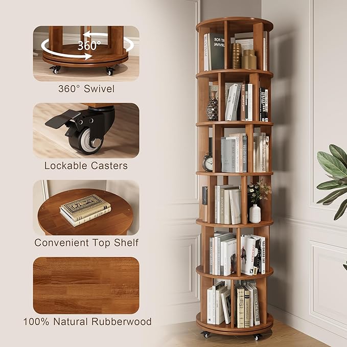 6 Tier Bookshelf Tower, 360° Solid Wood Spinning Bookcase with Swivel Wheels, Floor Standing Book Shelf for Small Space, Bookshelf for Home Office Study Room Bedroom Living Room