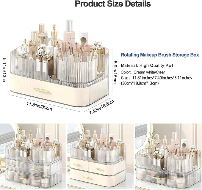 DASITON Makeup Organizer with Drawers and Rotating Makeup Brush Holder,Large Capacity Stackable Cosmetic Organizer Countertop,Bathroom Organizers and Storage,Make up Organizers for Vanity (Cream 02)