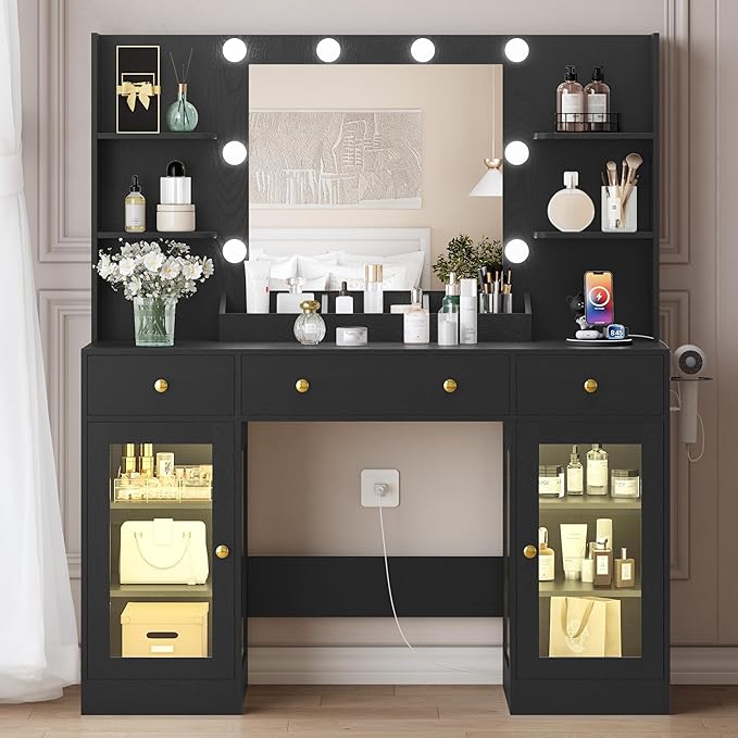 Vanity Desk with Mirror and Lights, Large Makeup Vanity Set with Power Outlet & RGB Glass Cabinet, 3 Drawers, Black Vanity Mirror with Lights Dressing Table for Girls Women, 3 Color Modes