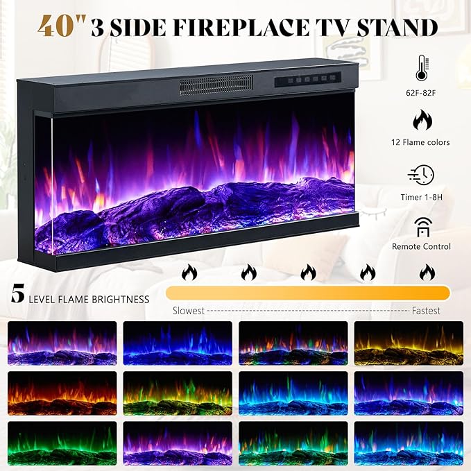 AMERLIFE 75in 3-Sided Glass Fireplace TV Stand with LED Lights for TVs up to 85", Rustic Fireplace Media Entertainment Center Console Table Cabniet with Glass Door Closed Storage, Distressed White