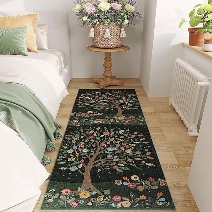 Runner Rug for Kitchen Rug Non Slip 2'x6' Washable Rugs Floral Tree with Rubber Backing Bohemian Soft Carpet Runner for Kitchen, Laundry, Bedroom, Bathroom, Green