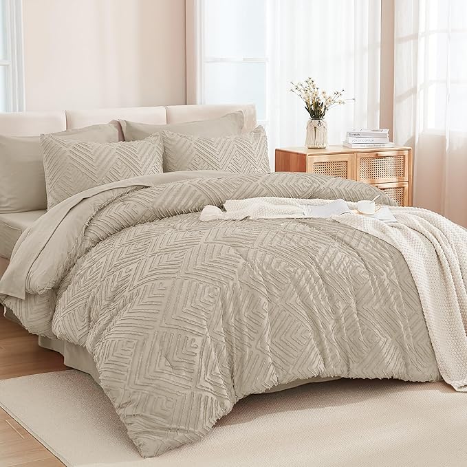 Andency California King Comforter Set Oatmeal - 7 Pieces Bed in a Bag Cal King Bedding Comforter Sets, Tufted Lightweight Fluffy Bed Set with Comforter, Sheets, Pillowcases & Shams