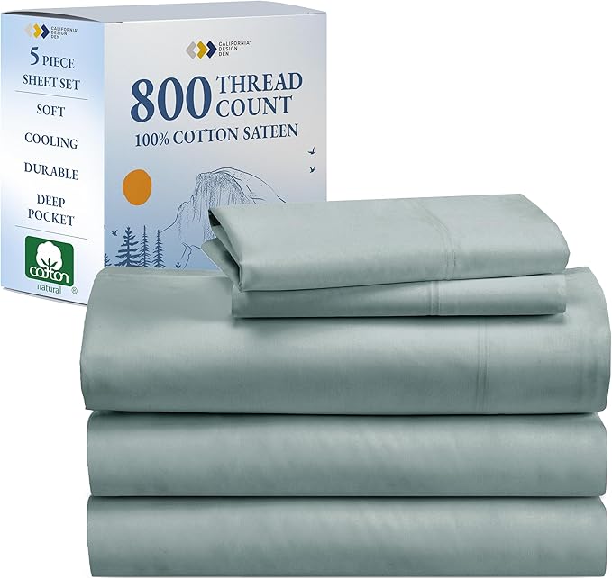 CALIFORNIA DESIGN DEN Authentic Soft Split King Sheets, 800 Sateen 100% Cotton, Cooling Than Egyptian Cotton Sheets, Split King Size Cotton Sheets Set 5 Pc Set with Deep Pockets No Pop-Off (Soft Teal)