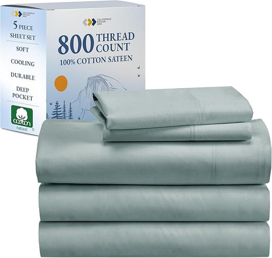 CALIFORNIA DESIGN DEN Authentic Soft Split King Sheets, 800 Sateen 100% Cotton, Cooling Than Egyptian Cotton Sheets, Split King Size Cotton Sheets Set 5 Pc Set with Deep Pockets No Pop-Off (Soft Teal)