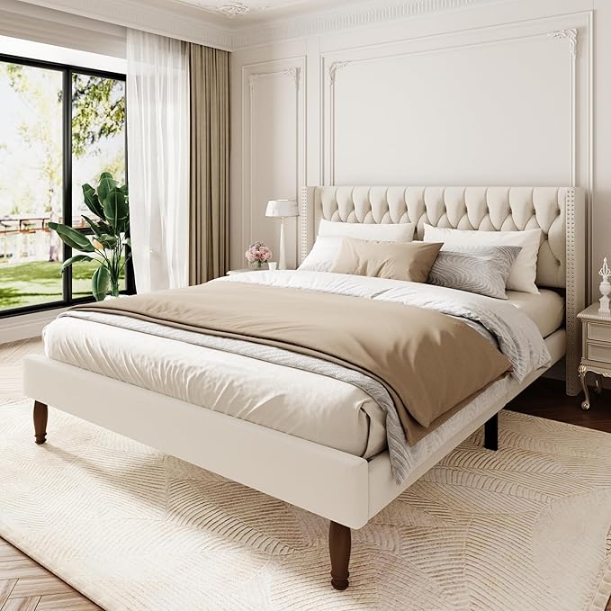 King Size Velvet Upholstered Bed Frame, 49.2" Tall Wingback Headboard, Deep Button Tufted, No Box Spring Needed, Solid Wood Legs, White