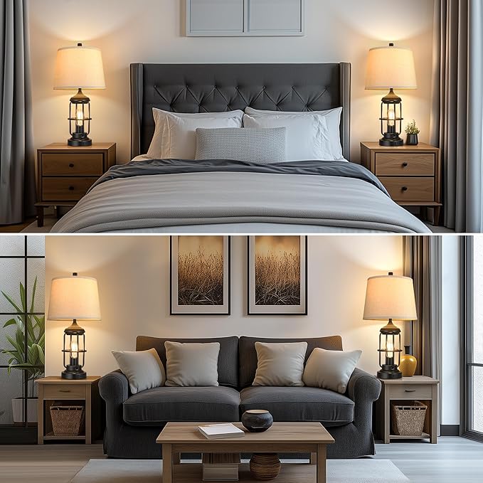 Qimh Table Lamp for Bedroom Set of 2 with USB A+C Ports, Farmhouse Bedside Lamp with Night Light, 3-Way Dimmable Touch Control, Rustic Industrial Nightstand Lamp for Living Room, Bulbs Included, Black