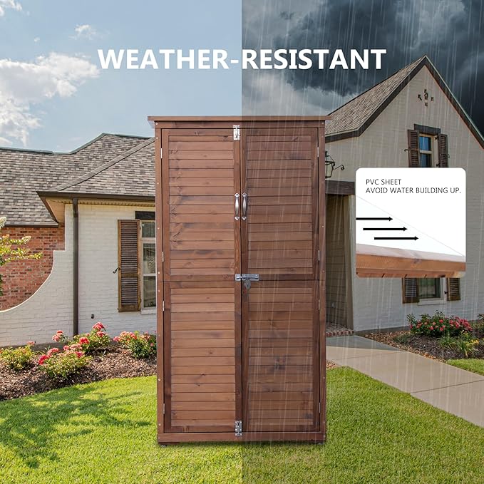 Outdoor Storage Cabinet, Wood Garden Shed, Pool Storage Shed with Lockable Door, Waterproof Roof and 2 Removable Shelves, Vertical Outside Storage Shed for Patio, Backyard, Carbonized Black