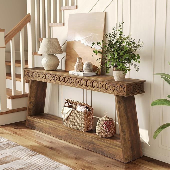 LITTLE TREE 70.87" Long Farmhouse Console Table, 2-Tier Shelf Narrow Accent Entryway Sofa Table for Living Room, Behind Couch, Hallway - Light Brown