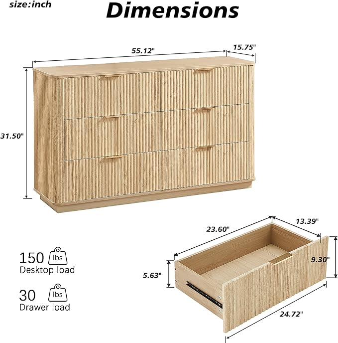 VMU Fluted Dresser for Bedroom with 6 Drawers，55" Modern Wooden Chest of Drawers with Metal Handles, TV Stand with Curved Profile, Closet Clothes Storage Organizer for Living Room, Hallway (Oak)