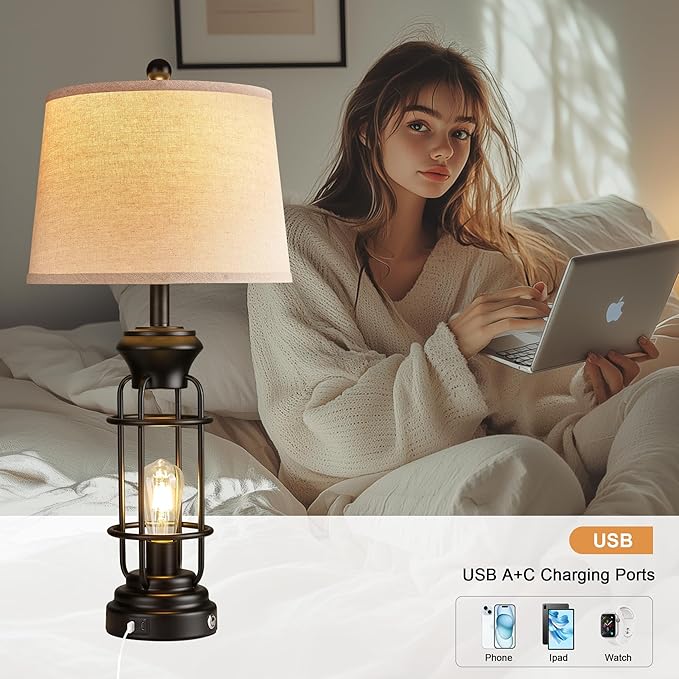 Black Table Lamps Set of 2, 28.5" Farmhouse Lamps for Living Room with USB C+A Ports, Touch Lamps for Bedroom, LED Bulbs Included