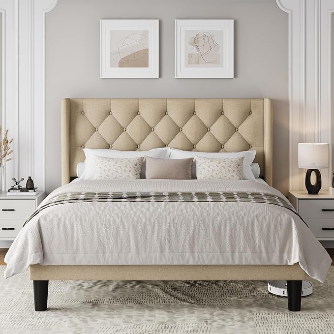 Queen Size Upholstered Bed Frame with Wingback Headboard, Fabric Linen Platform Bed, 8" Under Bed Storage, Wooden and Metal Slats Support, Noise Free, No Box Spring Needed, Beige