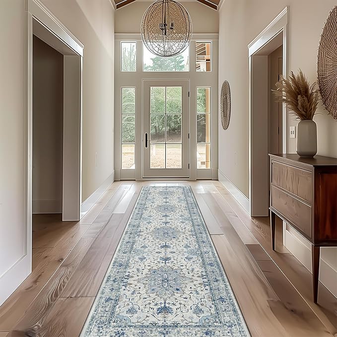 Area Rugs 2'x10' Washable Non-Slip, Floral Vintage Distress Print Pattern Medallion Carpet for Living Room Bedroom Dining Room, Light Blue Navy Beige Gray White