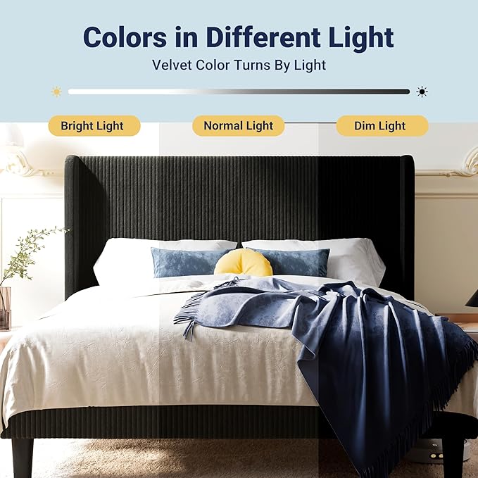 Allewie Queen Size Bed Frame with Upholstered Wingback Headboard, Vertical Channel Tufted Corduroy Velvet Platform Bed, Strong Wooden Slats Support, No Box Spring Needed, Easy Assembly, Sturdy, Black