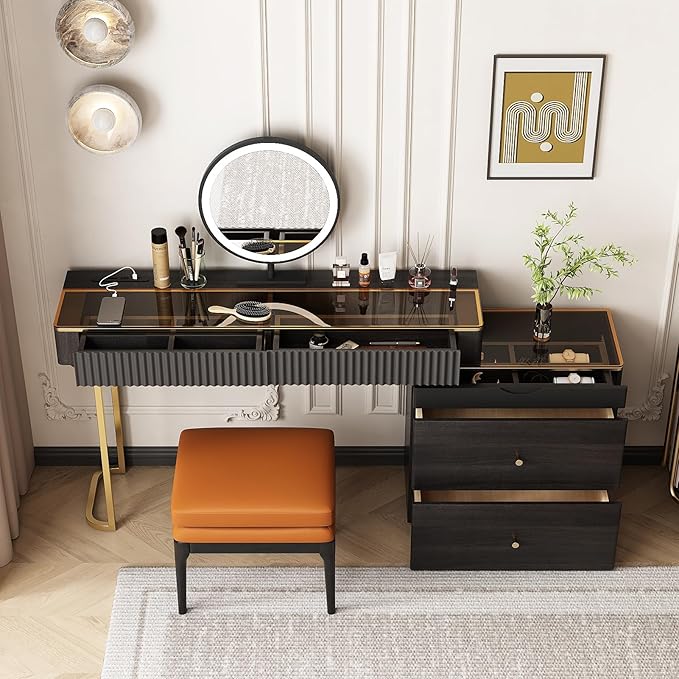 Lartis Makeup Vanity with Stool, Very Easy to Assemble,Retractable TV Cabinet Combination, Dressing Table Desk in one, Super Storage