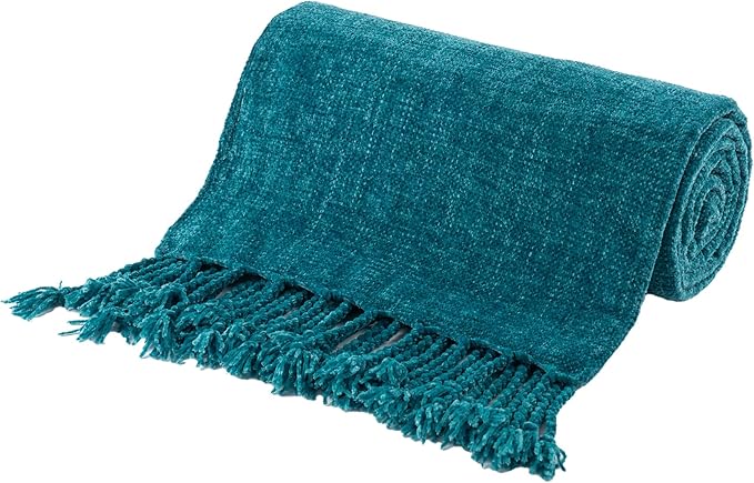 BATTILO HOME Teal Blue Throw Blanket for Couch, Bed, Sofa - Soft Cozy Chenille Throw with Fringe Tassels, Lightweight Knit Throw for Home Decor, 50"x60"
