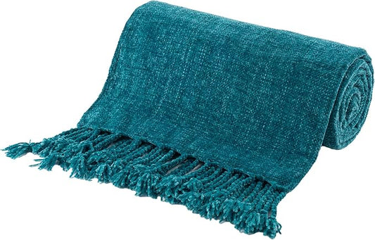 BATTILO HOME Teal Blue Throw Blanket for Couch, Bed, Sofa - Soft Cozy Chenille Throw with Fringe Tassels, Lightweight Knit Throw for Home Decor, 50"x60"