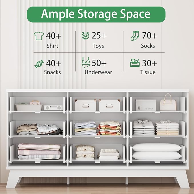 Fluted Dresser for Bedroom with 9 Drawers, 57" Wide Modern Chest of Drawers with Metal Handle, Wooden Dresser TV Stand, Wood Closet Clothes Storage Organizer for Living Room, Hallway, White