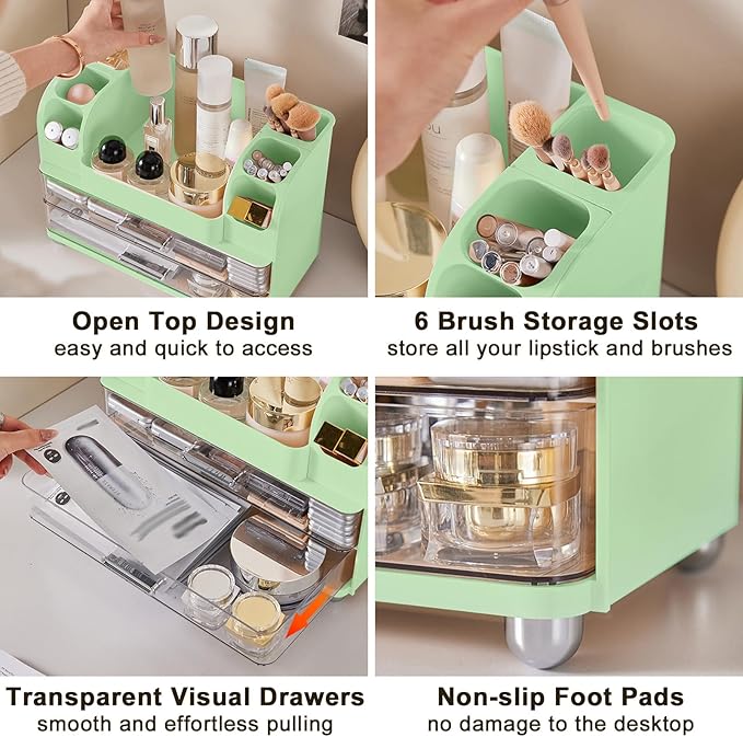 DASITON Large Capacity Makeup Organizer for Vanity with 2 Drawers, Skincare Organizers with Makeup Brush Holder, Cosmetic Display Case for Dresser Vanity Bathroom Countertop (Green)