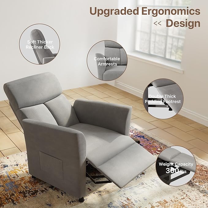 Claiks Power Recliner Chair for Adults, Adjustable Reclining Chair, Comfortable Recliner Couch with Side Pockets&Wire Remote Control, for Living Room, Home Theater, Bedroom, Linen Fabric, Light Grey