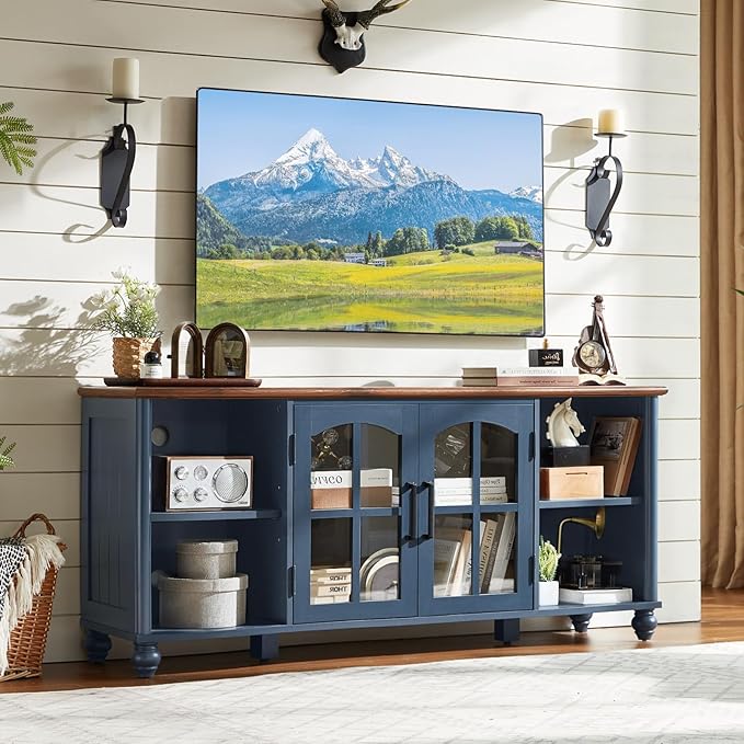 Farmhouse TV Stand for 60 Inch TV, Wood Entertainment Center with Glass Door Storage Cabinet & Adjustable Shelves,Television Stands for 65" TVS, TV Console Table for Living Room,Bedroom,Blue