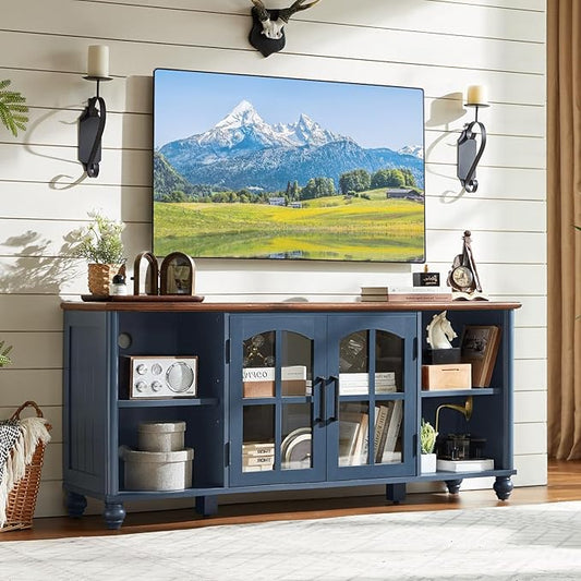 Farmhouse TV Stand for 60 Inch TV, Wood Entertainment Center with Glass Door Storage Cabinet & Adjustable Shelves,Television Stands for 65" TVS, TV Console Table for Living Room,Bedroom,Blue