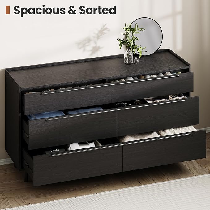 Modern Minimalist 60" Black Dresser for Bedroom, Large 6 Drawer Storage Cabinet with Sleek Metal Handles, Clothes Organizer Chest for Closet, Hallway, or Living Room