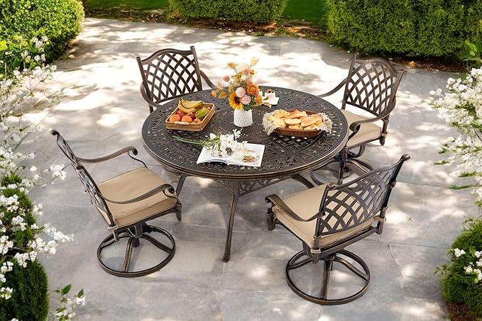 5 Piece Outdoor Dining Set Cast Aluminum, Retro Patio Dining Furniture Set for 4 Includes 54’’ Round Table 4 Chairs with Thicker Cushion and Umbrella Hole for Patio Deck Garden