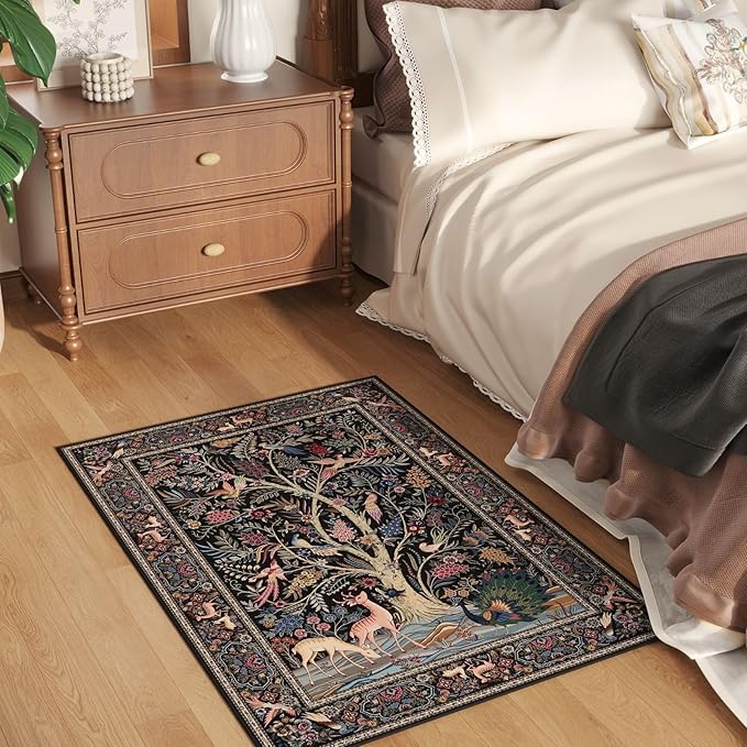 Indoor Door Mat 2x3 Rug Vibrant Tree of Life-Patterned Vintage Machine Washable Small Area Rug Non-Slip Low Pile Throw Rugs for Entryway Kitchen Front Door Entrance Entry Kids Room, Black