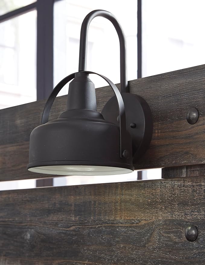 Signature Design by Ashley Drystan Rustic Queen Panel Bed, Sconce LED Lights, USB Ports and Nailheads, Foundation or Box Spring Needed, Dark Brown & Gray