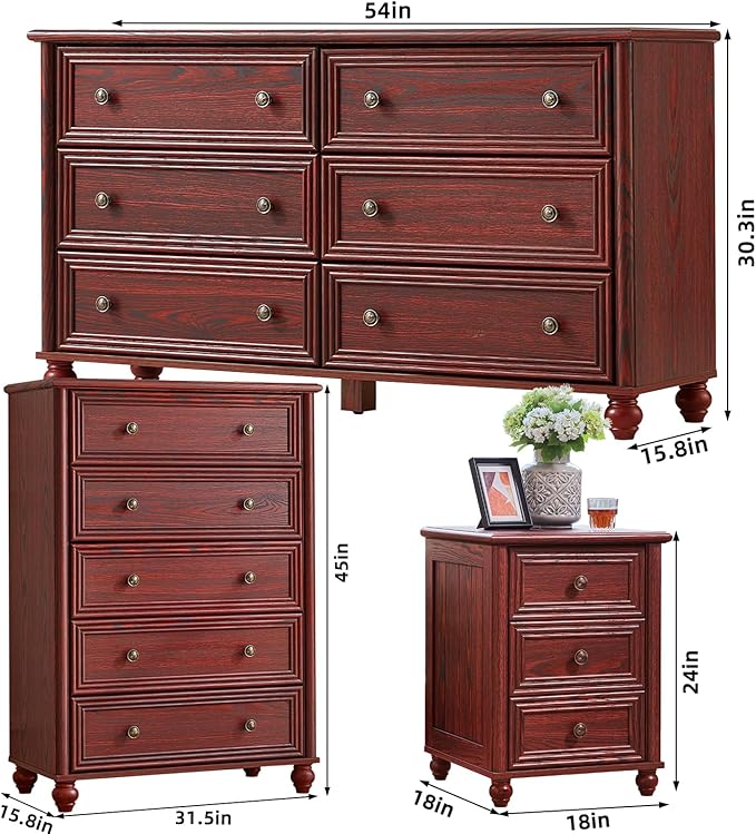 Farmhouse Dressers & Night Stand Set of 3, Wood 54" Wide Dresser & 45" Tall Chest of Drawers, 18" Roman Column Nightstand, Bedroom Furniture 6 Drawer Dresser Set for Bedroom Home Living Room Hallway