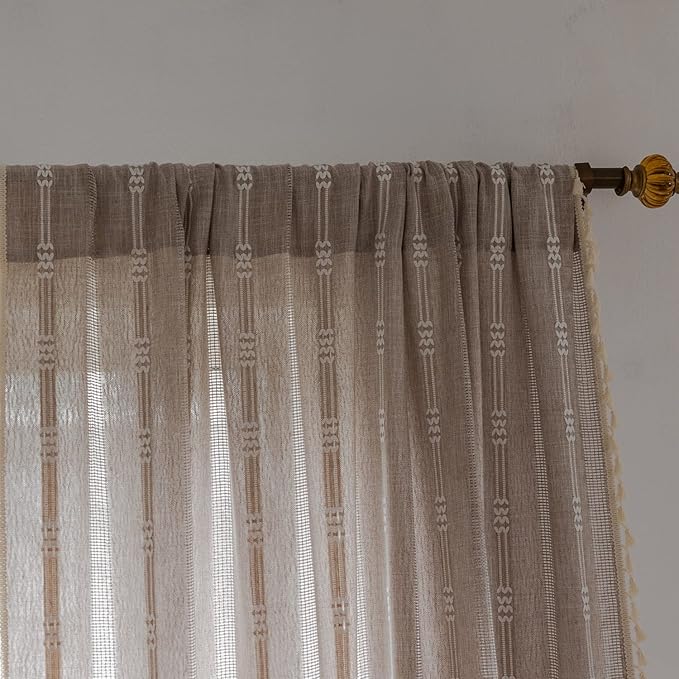 Linen Embroidery Striped Farmhouse Curtains for Living Room and Bedroom - Light Filtering Tassel Boho Drapes 2 Panels Set - Rod Pocket (52" W x 96" L, Khaki)