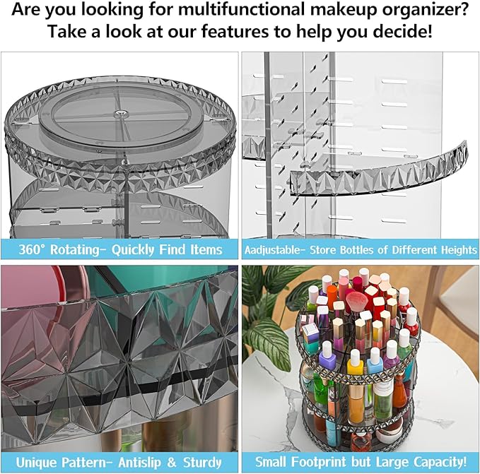 360 Rotating Makeup Organizer, DIY Adjustable Cosmetics Organizer[Patented Product], Professional Acrylic Make Up Caddy Shelf Storage Perfume, Lipsticks, Makeup Brushes or Accessories (Gray)